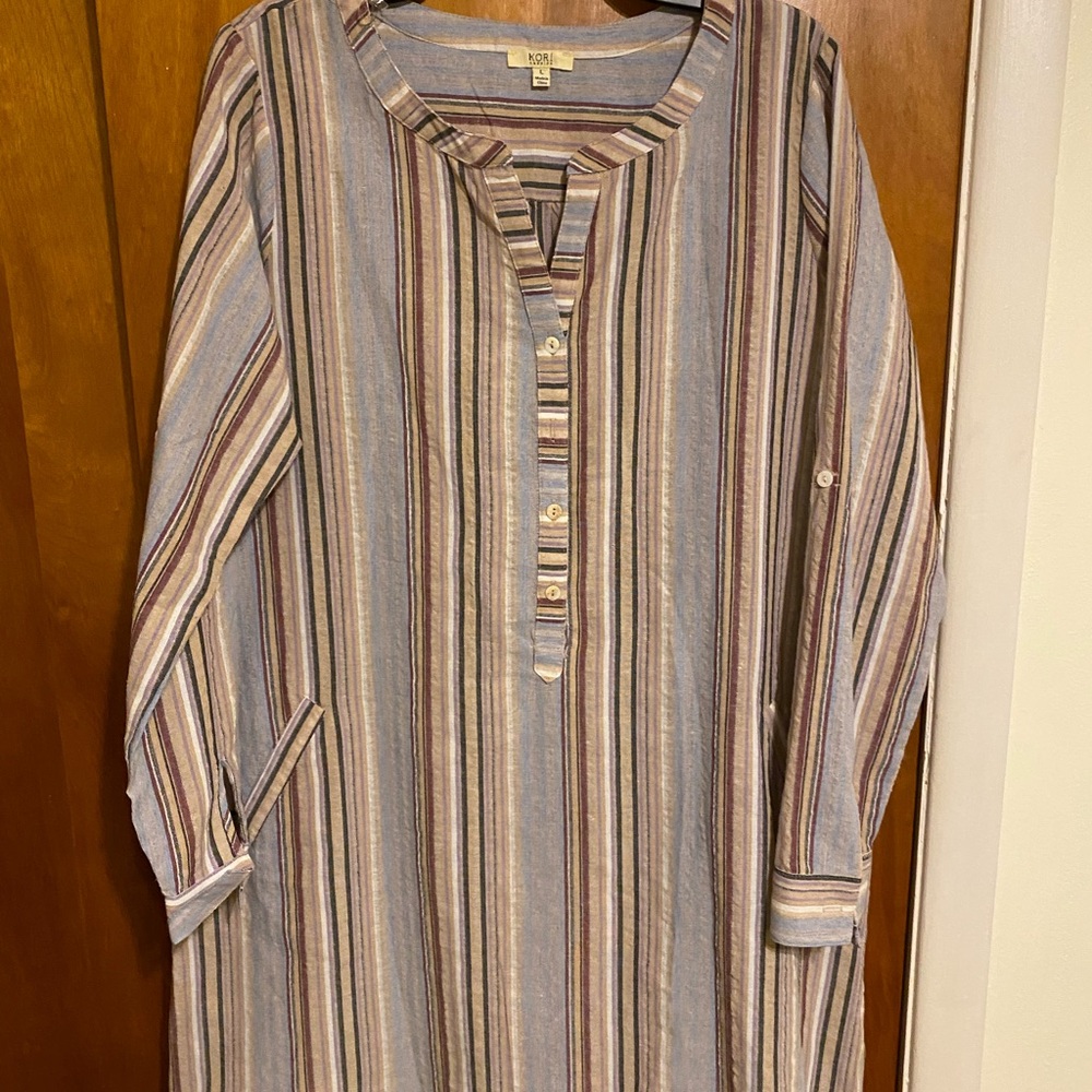 Kori America Multi Colored Striped Long Sleeve with Tab Button Down Tunic Dress